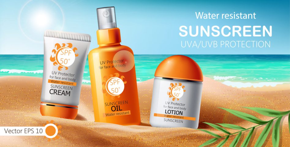 Set of sunscreen cream, lotion and oil. UVA UVB protection. Water resistant. Realistic. Sea shore and leaves background. Vector